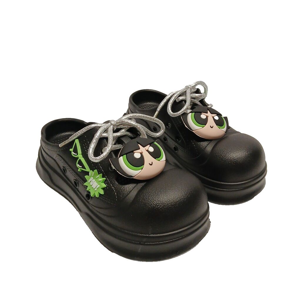 Powerpuff Girls Buttercup Black Platform EVA Clogs Silver Laces EU 37-38